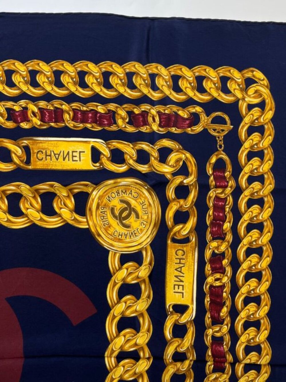 Chanel CC Logo Scarf Silk Gold Navy Vintage - Picture 8 of 11